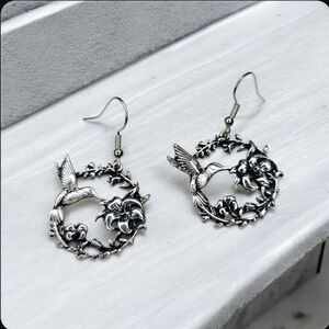 Silver Hummingbird Floral Earrings